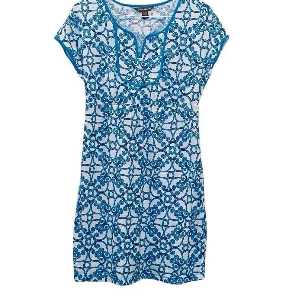 Tommy Bahama Geometric Split Neck Cap Sleeve Cotton Shift Dress Blue White XS
